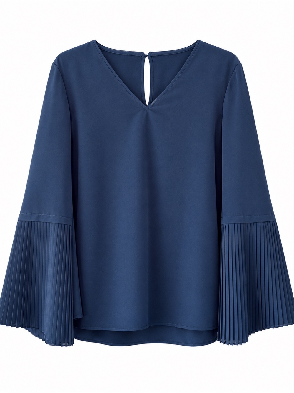 Halston Navy Pleated Bell-Sleeve Blouse
